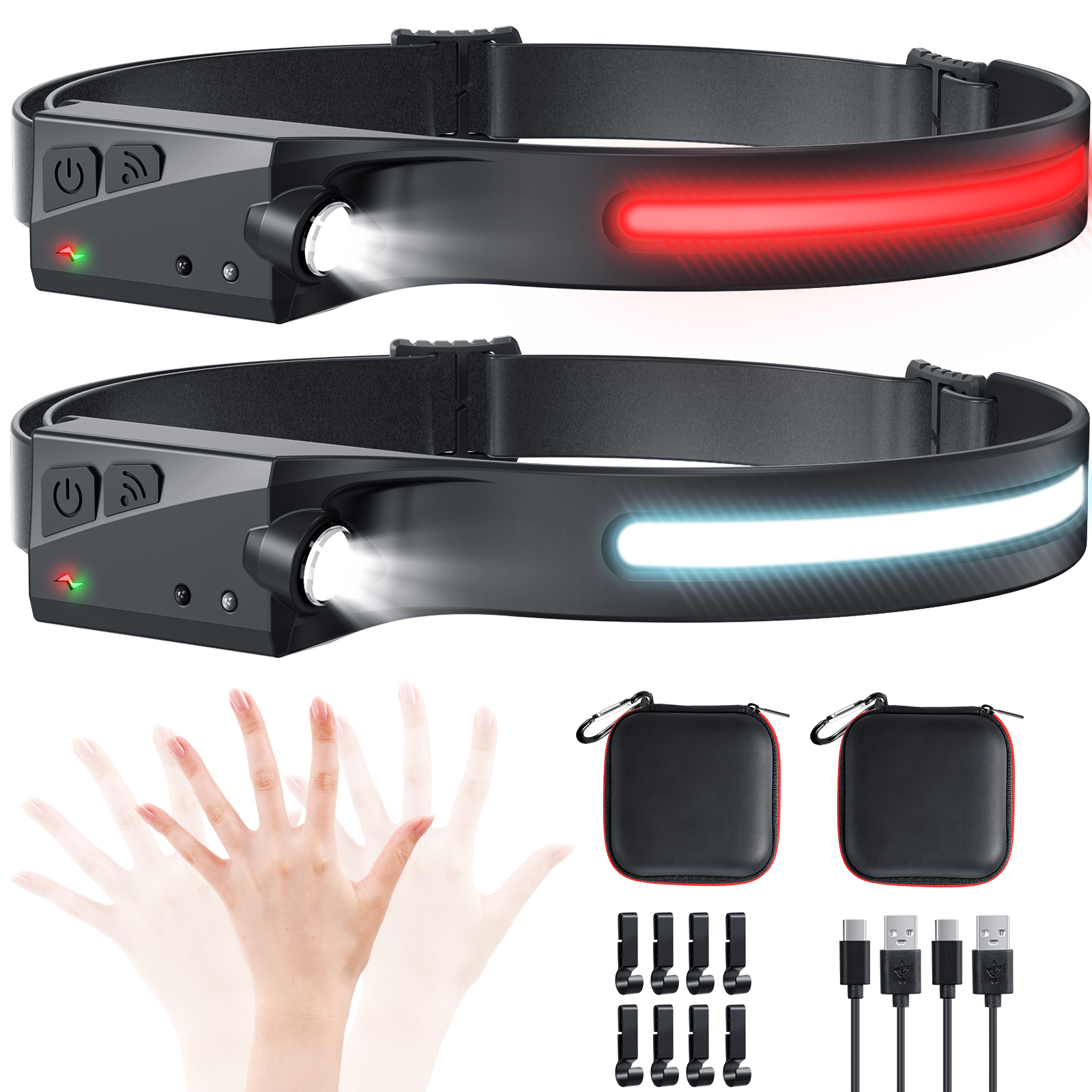 [2023 Upgraded] 2PCS LED Headlamp Rechargeable, 230° Wide Beam Head Lamp with Red Light Option, 6 Modes Adjustable, Motion Sensor, Headlamp Flashlight Suitable for All Outdoor Activities and Daily Use