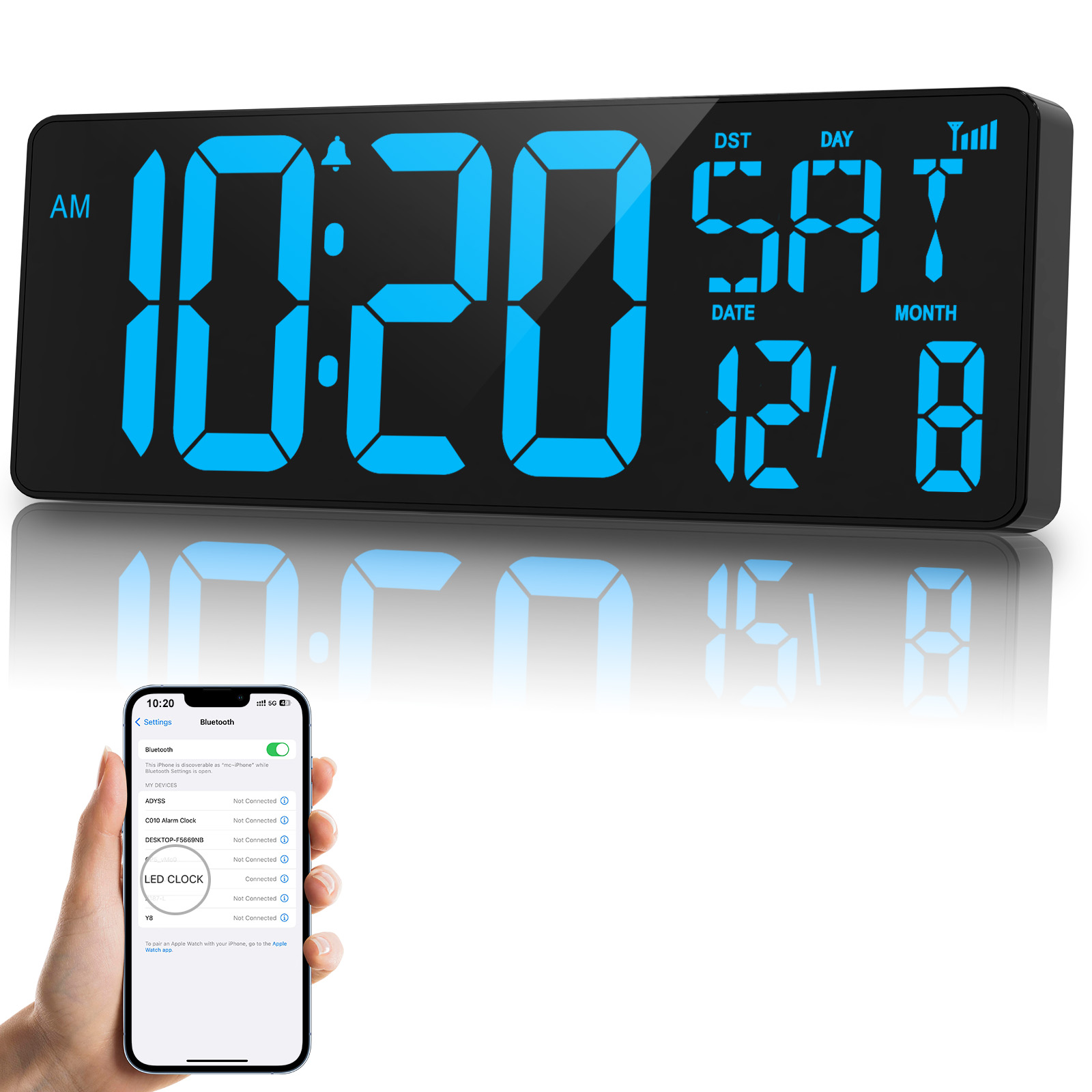 17 Inch Digital Wall Clock Large Display Bluetooth Sync Time, Auto-Dimming Large Digital Wall Clock with Remote, Date/Week/Temperature/DST, Plug-in Large Digital Clock for All Large Spaces Use, Gift