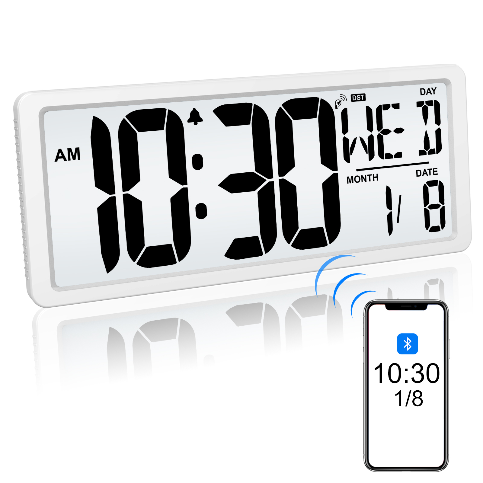 Xflyee Bluetooth Time Sync Digital Wall Clock Battery Operated with Backlight, Auto DST Large Digital Wall Clock with Day, Date & Temperature, 15'' Large Digital Clock for Home, Bedroom, Office